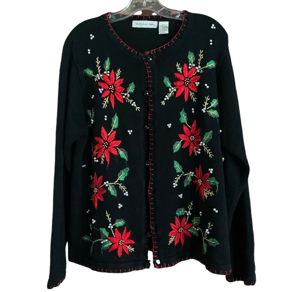 Vintage Victoria Jones Poinsettia Embroidered Christmas Cardigan Sweater Sz L